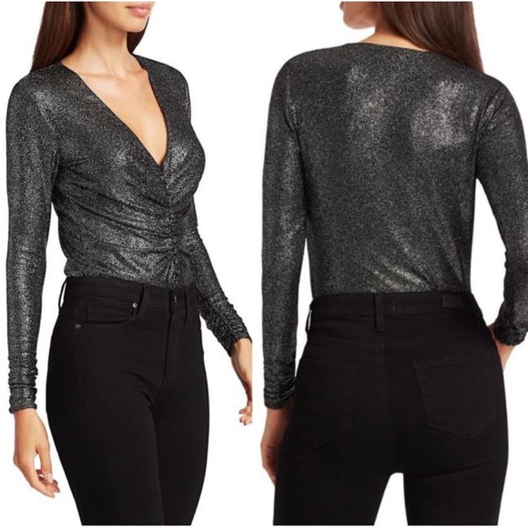 Scripted Metallic Bodysuit Long-Sleeve Black Silver Size Medium - Picture 2 of 11